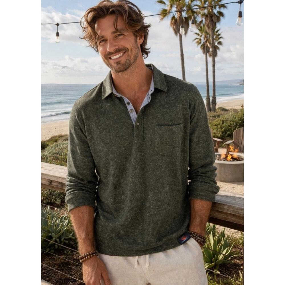 Faherty Organic Cotton Men’s Luxe Solid Heather Long-Sleeve Polo Shirt L Green